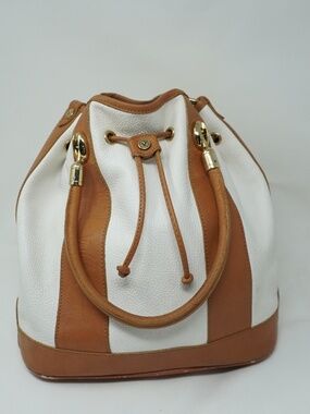 Valentina Carrano Pebbled Leather Bucket Drawstring Bag White Tan BOHO